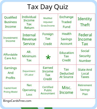Tax Day Quiz Bingo Cards Free Pdf Printable Game, Title: Tax Day Quiz