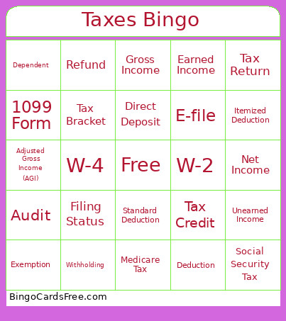 Taxes Bingo Card