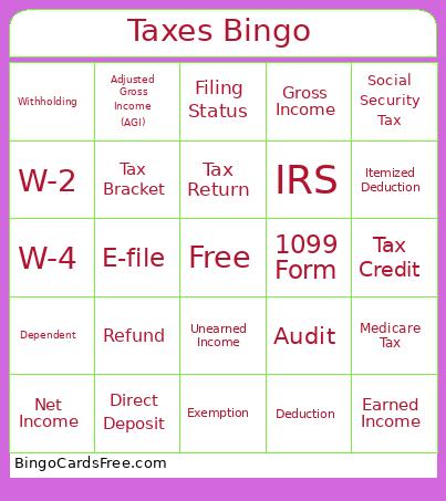 Taxes Bingo Card