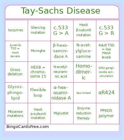 Tay-Sachs Disease BINGO Cards Free Pdf Printable Game, Title: Tay-Sachs Disease