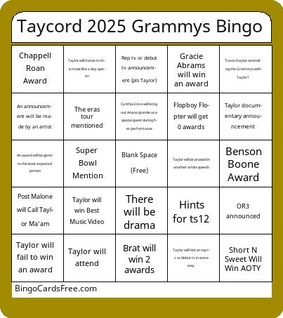 Taycord 2025 Grammys Bingo