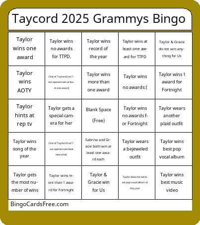 Taycord 2025 Grammys Bingo