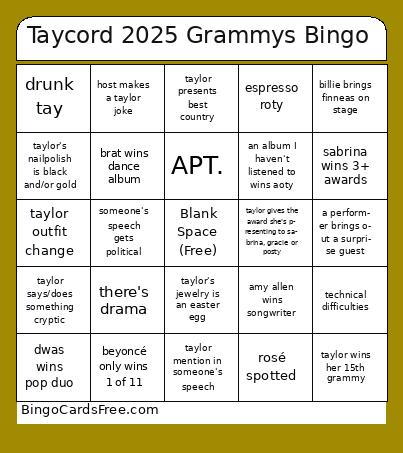 Taycord 2025 Grammys Bingo Cards Free Pdf Printable Game, Title: Taycord 2025 Grammys Bingo