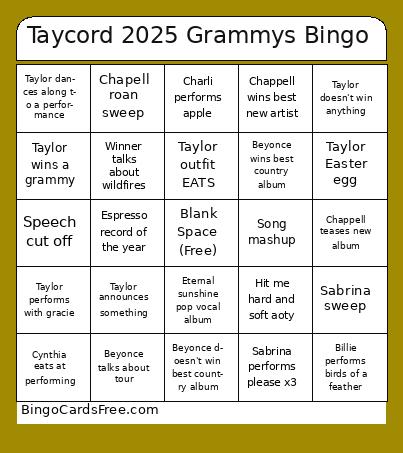 Taycord Bingo Cards Free Pdf Printable Game, Title: Taycord 2025 Grammys Bingo
