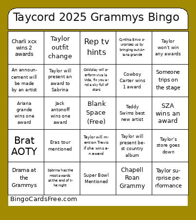Grammys BINGO Cards Free Pdf Printable Game, Title: Taycord 2025 Grammys Bingo