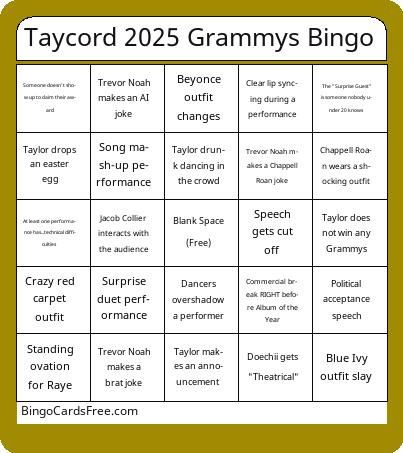 Taycord 2025 Grammys Bingo (full)