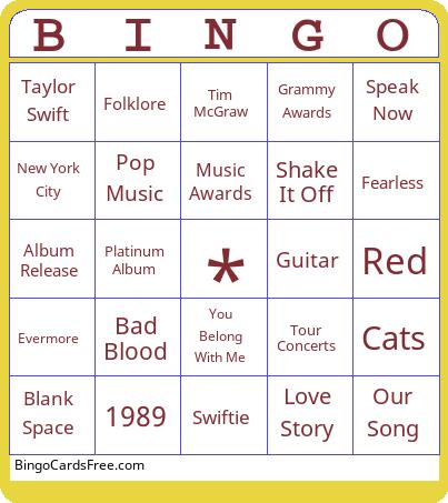 Taylor Bingo Cards Free Pdf Printable Game, Title: BINGO