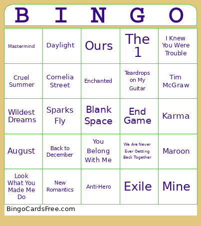 Taylor Swift Bingo Card 2