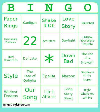 Taylor Swift Bingo Card