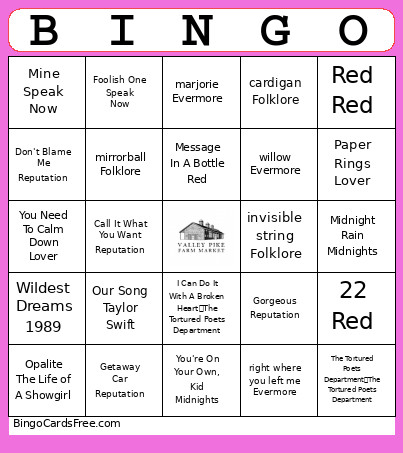 Taylor Swift Bingo Card
