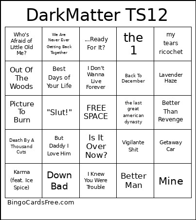 Taylor Swift Bingo Card