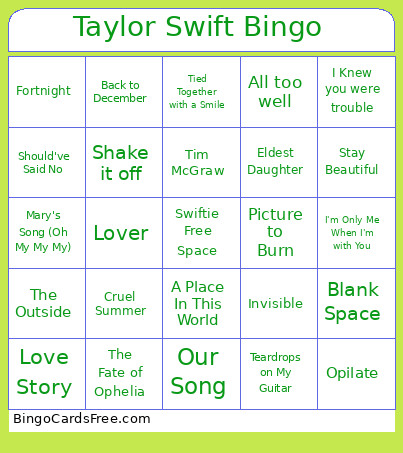 Taylor Swift Bingo Card