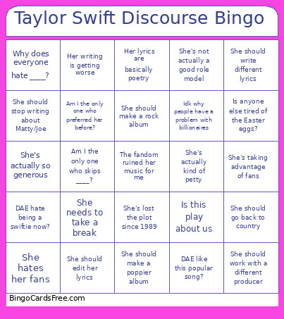 Taylor Swift Discourse Bingo Card