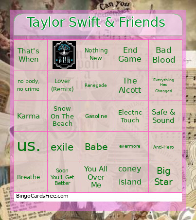 Taylor Swift & Friends Bingo Card