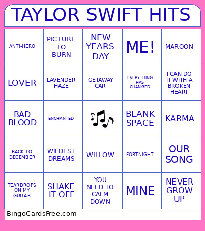 TAYLOR SWIFT HITS Bingo Card