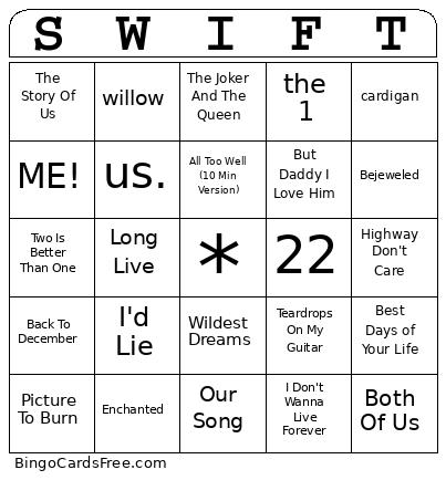 Taylor Swift Music Bingo Cards Free Pdf Printable Game, Title: SWIFT