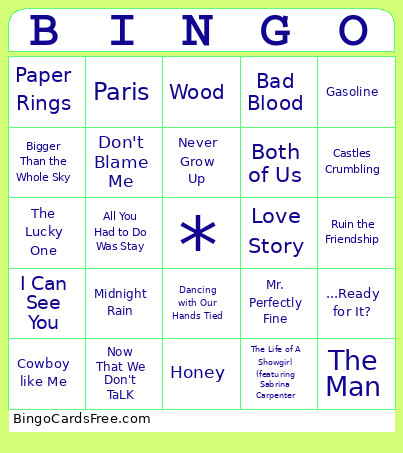 Taylor Swift Song Bingo Card