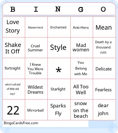 Taylor Swift Song Bingo Cards Free Pdf Printable Game, Title: BINGO