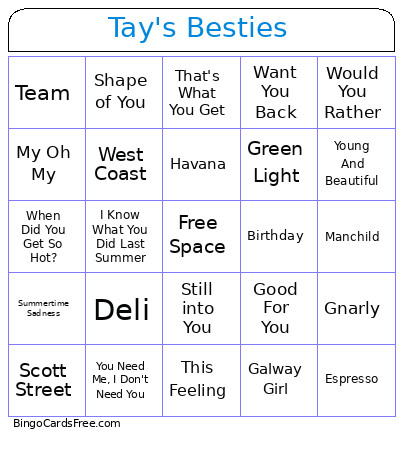 Taylor's Besties Bingo Card