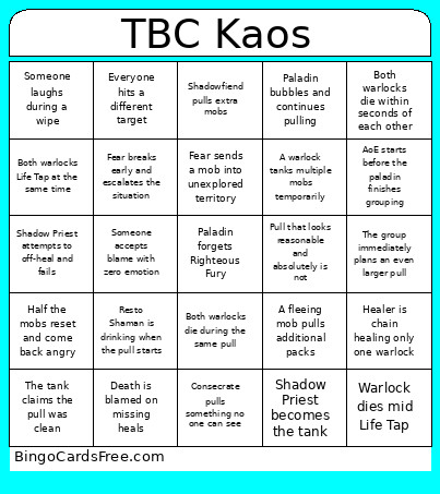 Tbc Leveling Bingo Card