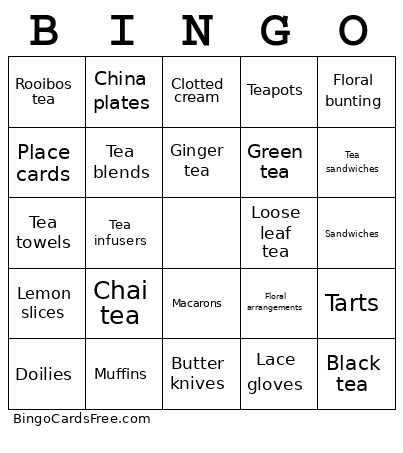 Tea Party Bingo Card 2