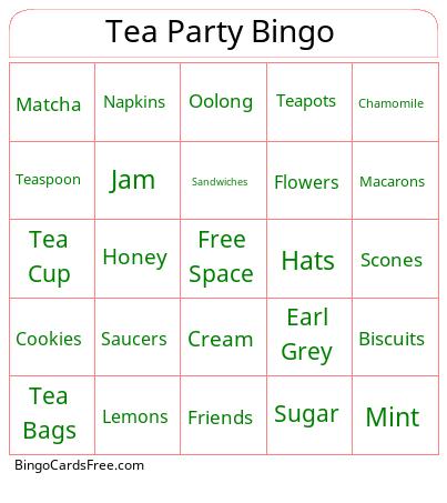 Tea Party Bingo Cards Free Pdf Printable Game, Title: Tea Party Bingo