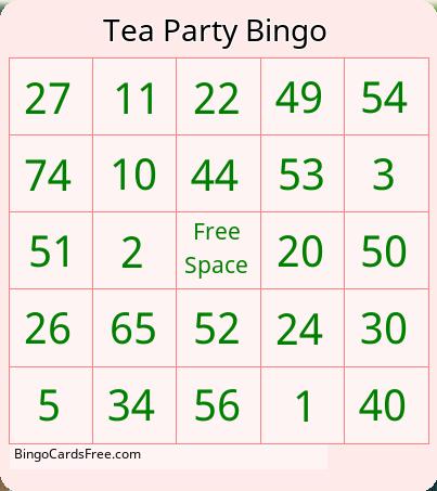 Tea Party Number Bingo Cards Free Pdf Printable Game, Title: Tea Party Bingo