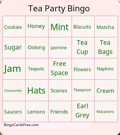 Tea Party Word Bingo Cards Free Pdf Printable Game, Title: Tea Party Bingo