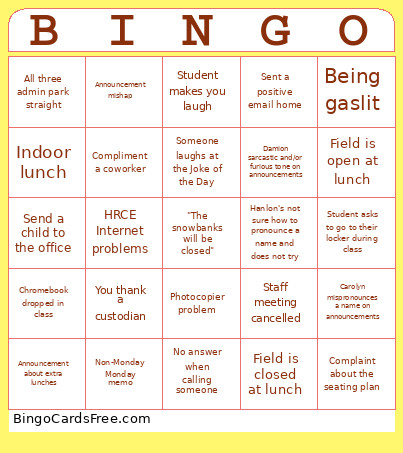 Teacher Bingo Card