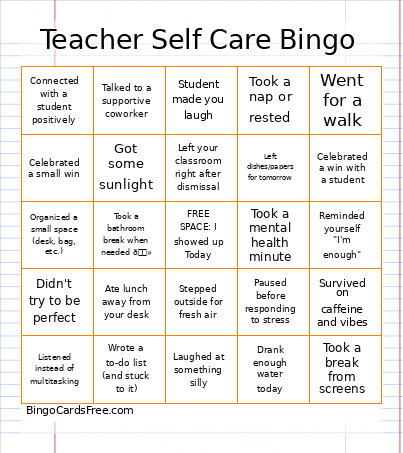 Teacher Self Care Bingo Card