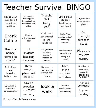 Teacher Survival Bingo Card
