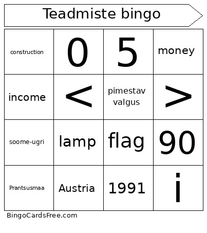 Teadmiste Bingo Card