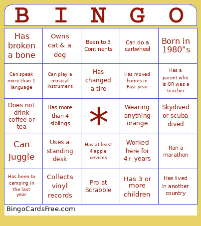 Team Building Bingo Card