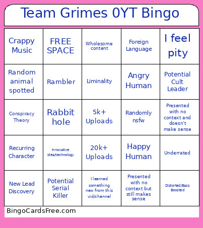 Team Grimes 0YT Bingo Card