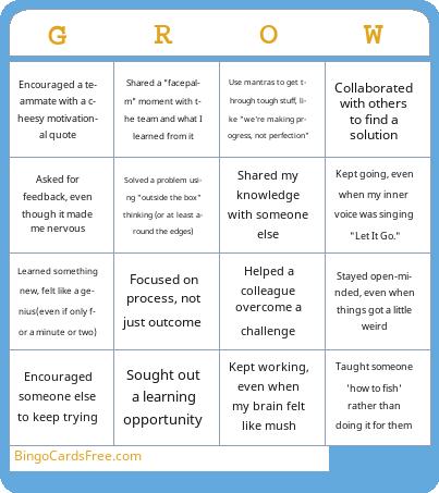 Team Growth Mindset Bingo Cards Free Pdf Printable Game, Title: GROW