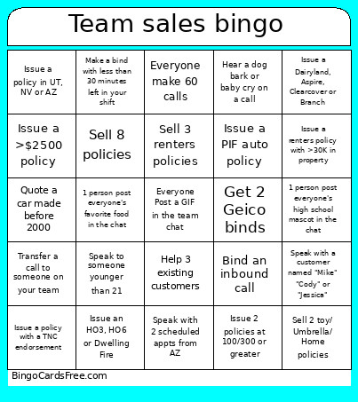 Team Sales Bingo Card
