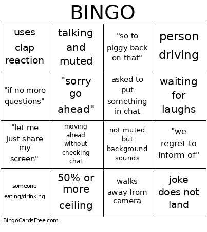 Teams Meeting Bingo Card