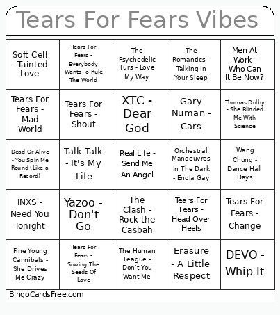 Tears For Fears Vibes Bingo Card