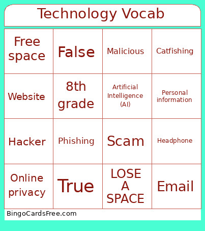 Technology Vocabulary Bingo Card