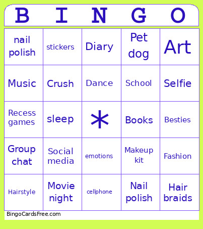 TEEN GIRLS Bingo Card