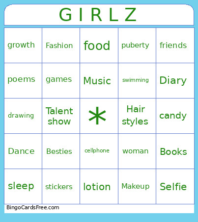 TEEN GIRLS Bingo Card