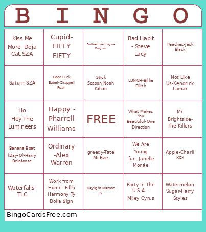 TEEN MUSIC BINGO