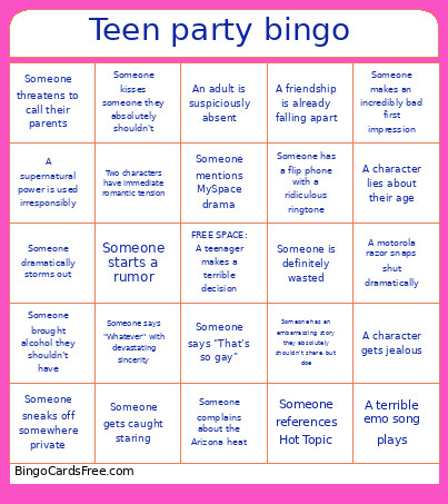Teen Party Bingo Card