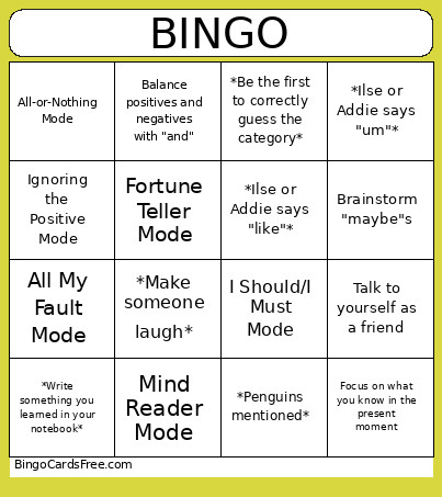 Teen Wellness Bingo Card