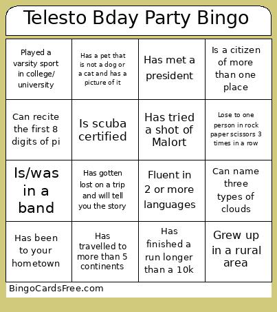 Telesto Bday Party Bingo