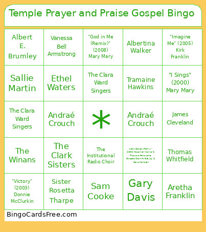 Temple Prayer And Praise Gospel Bingo Card 2