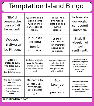 Temptation Island Bingo Card