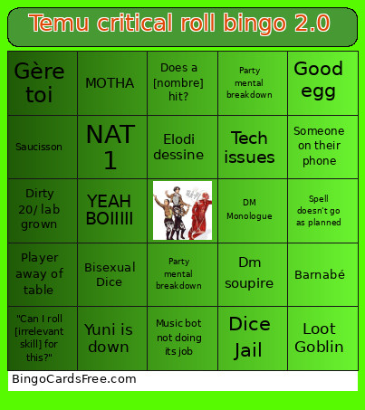 Temu Critical Roll 2.0 Bingo Card