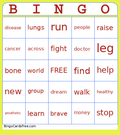 Terry Fox Run Bingo Card