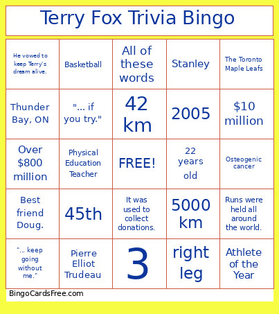 Terry Fox Trivia Bingo Card